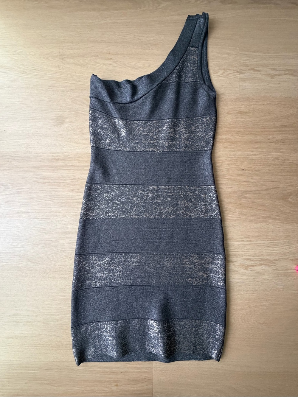 bebe One-Shoulder Metallic Charcoal and Silver Bodycon Bandage Dress